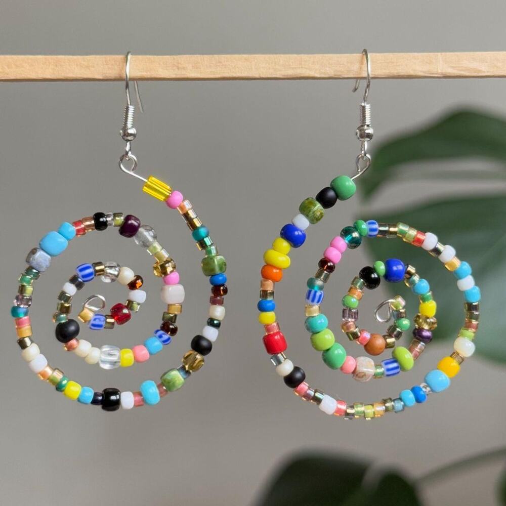 Handmade colorful beaded spiral earrings